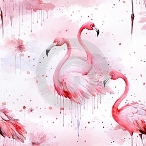 Tropical Seamless Pattern with Pink Flamingo Birds. AI generated Illustration