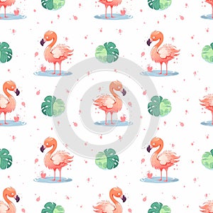 tropical seamless pattern pink flamingo green leaf monstera on white background