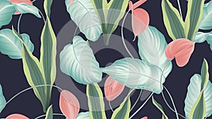 Tropical seamless pattern,  red Anthurium flowers, dumbcane, snake plant on dark blue background