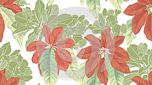 Tropical seamless pattern,  red umbrella tree and green leaves on white background