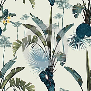 Tropical seamless pattern. Summer print. Jungle rainforest. Exotic plant, bananas, palms leaves.
