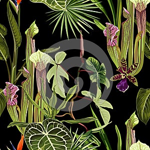 Tropical seamless pattern. Summer print. Jungle rainforest. Nepenthes, genus of carnivorous plants.