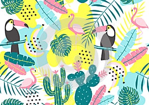 Tropical seamless pattern with toucan, flamingos, cactuses and exotic leaves.