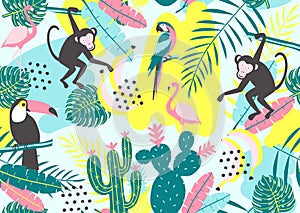 Tropical seamless pattern with toucan, flamingos, parrot, monkey, cactuses and exotic leaves.