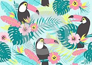 Tropical seamless pattern with toucans, exotic leaves and flowers.