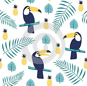 Tropical seamless pattern with toucans, exotic leaves and pineapples.