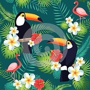 Tropical seamless pattern with toucans, flamingos, exotic leaves and flowers.