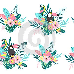 Tropical seamless pattern with toucans, parrot, exotic leaves and flowers.