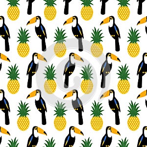 Tropical seamless pattern with toucans and pineapples.