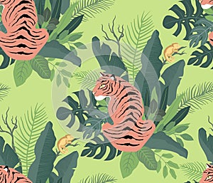 Tropical seamless pattern, vector illustration. Hunter predator and amphibian in the jungle.