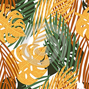 Tropical seamless pattern on white background. Colorful hand drawn leaves of monstera, banana and palm for design fabric