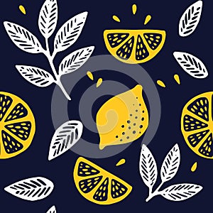 Tropical seamless pattern with yellow lemons