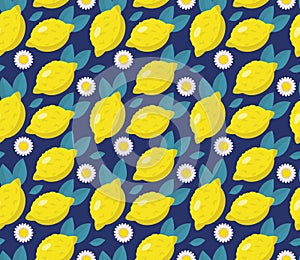 Tropical seamless pattern with yellow lemons on the blue background. Fruit repeated background. Vector bright print for