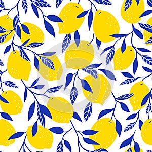 Tropical seamless pattern with yellow lemons. Fruit background. Vector bright print for fabric or wallpaper.