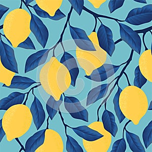Tropical seamless pattern with yellow lemons. Fruit repeated background. Vector bright print for fabric or wallpaper.