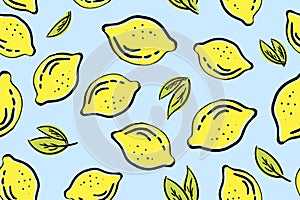 Tropical seamless pattern with yellow lemons. Fruit repeated background. Vector bright print for fabric or wallpaper.