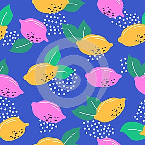 Tropical seamless pattern with yellow and pink lemons on blue background