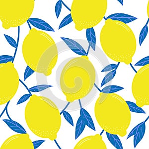 Tropical seamless vector pattern with yellow lemons, fruit background, lemon branches