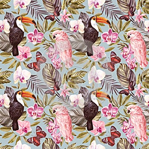 Tropical seamless vintage pattern, palm leaves, orchid flowers and birds. Exotic jungle wallpaper. hand drawn botanical