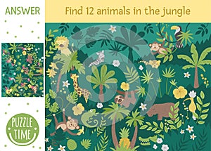 Tropical searching game for children with cute funny characters. Find hidden animals and birds in the jungle. photo