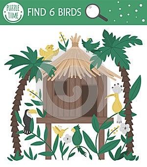 Tropical searching game for children with jungle hoot, parrots, toucan, hoopoe. Cute funny smiling characters. Find hidden birds photo