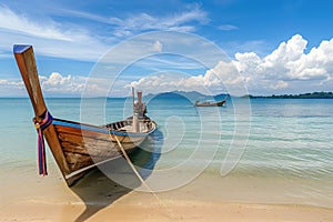 On tropical seascape beach at ocean, there is traditional wooden long tail boat