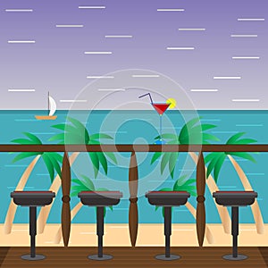 Tropical seascape with a cocktail in a glass on the terrace. Romance and relaxation. Vector illustration.