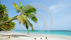 Tropical seascape. Intact clear white sand beach background.