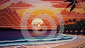Tropical seascape with sandy beach at sunset. AI generated video