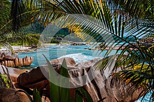 Tropical secluded beach framed by nature foliage on the trekking tour through the jungle to hidden Marron beach, La