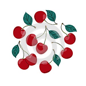 Tropical set doodle red cherry. Hand drawn berries cherry isolated on white background. for fabric, drawing labels, print,