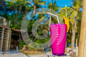 Tropical shake, refreshment drink in glass on tropical