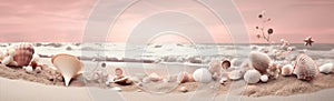 tropical shell ocean banner summer sand beach holiday nature sea. Generative AI.