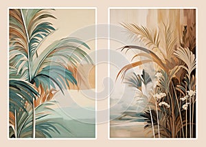 tropical simple, abstract, textured, shaded, palm leaves with touches of Faded colors , oil painting