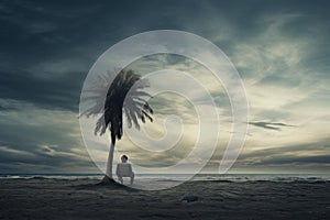 Tropical Single palm tree on uninhabited island. Generate ai