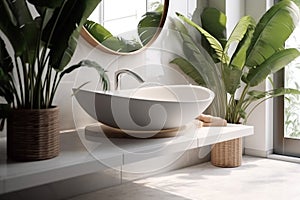 tropical sink home leaf green clean wooden interior bathroom white design. Generative AI.