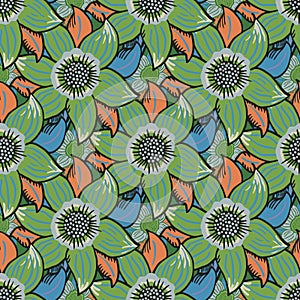 Tropical six petal flower vector seamless pattern. Bright green orange, blue background with hand drawn flowers and