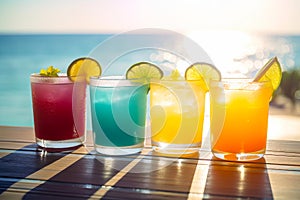 Tropical Slushie cocktail set on beautiful tropical scenery background. Generative AI illustration