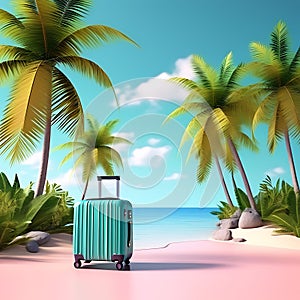 Tropical Sojourn: Travel Suitcase with Miniature Palm Trees, Leaves, and a Lush Landscape on Flat Background - Creative Escape