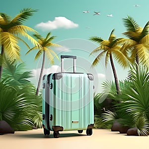 Tropical Sojourn: Travel Suitcase with Miniature Palm Trees, Leaves, and a Lush Landscape on Flat Background - Creative Escape