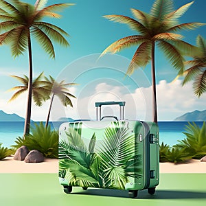 Tropical Sojourn: Travel Suitcase with Miniature Palm Trees, Leaves, and a Lush Landscape on Flat Background - Creative Escape