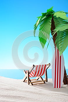 Tropical still life. Dawn on the sandy coast with palm trees. A chaise longue and a surfboard on the beach