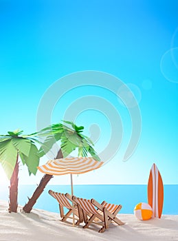 Tropical still life. Dawn on the sandy coast with palm trees. Deck chairs, surfboard and ball on the beach