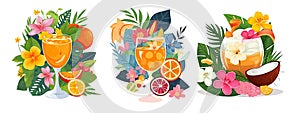 tropical still lifes with drinks, flowers, leaves and fruits, colorful illustration in simple flat style with plants and leaves