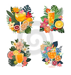 tropical still lifes with drinks, flowers, leaves and fruits, illustration in simple flat style