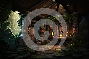 tropical stone tiki interior of hut in rainforest jungle interior design