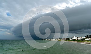 Tropical storm, hurricane over the Gulf of Mexico, black clouds over the ocean, Caribbean Sea