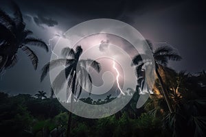 tropical storm, with lightning bolts striking the clouds and rain falling