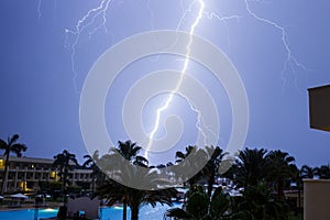 Tropical storm with lightning in hotel resort