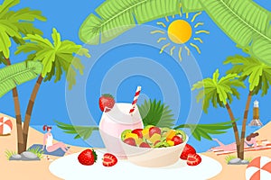 Tropical strawberry milk dessert, character people sand beach vacation flat vector illustration. Travel foodstuff, berry